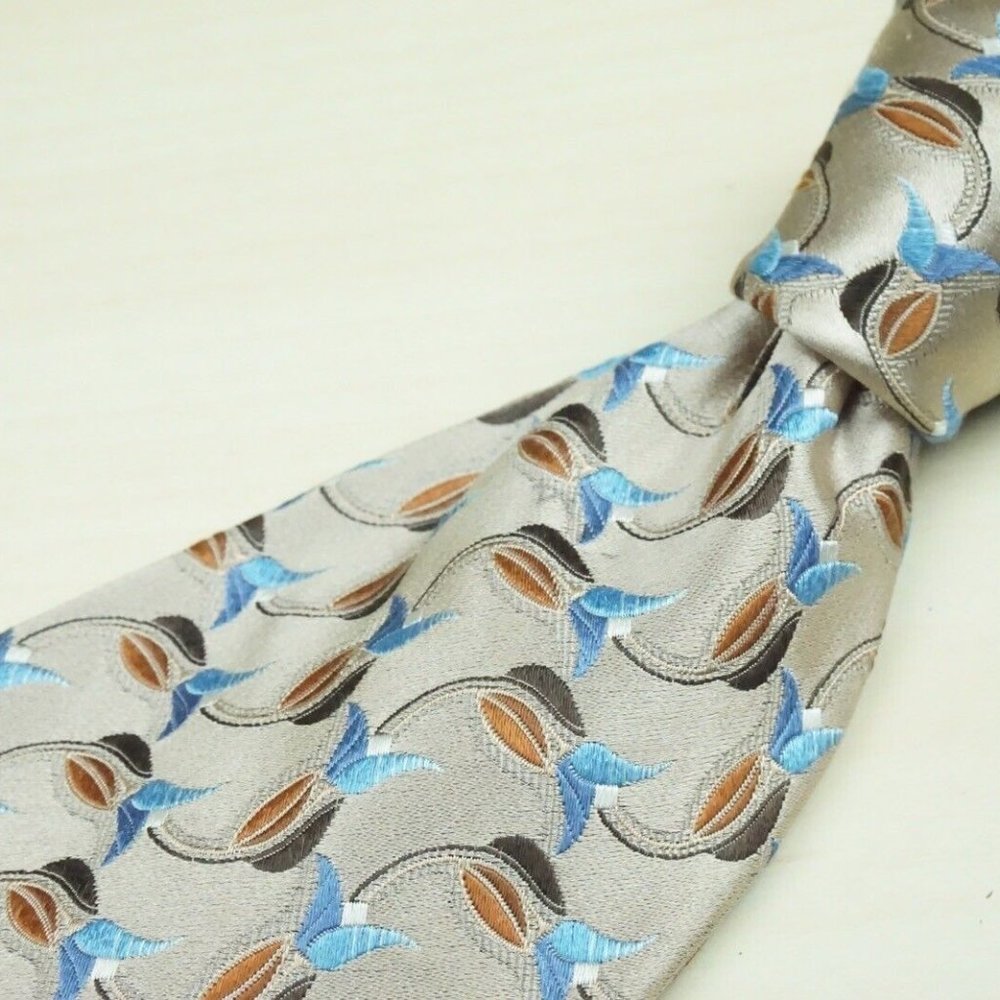 Ermenegildo Zegna Tortilla Sky Blue Caramel Floral Embroidered Silk Tie